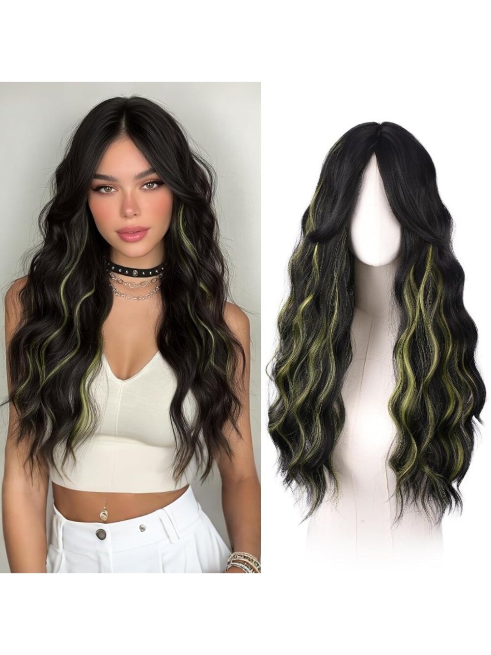 Women's Black Highlight Green 26 Inch Heat Resistant Curtain Bangs Long Wavy Wig
